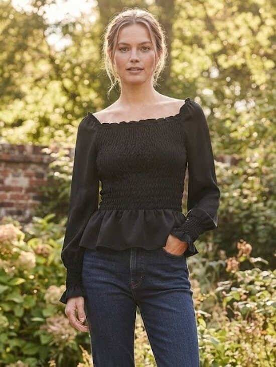 She + Sky Tops - She Sky Womens Large Black Off Shoulder Sheer Peplum Regency Whimsigoth Romantic